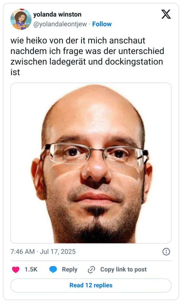 wie heiko von der it mich anschaut nachdem ich frage was der unterschied zwischen ladegerät und dockingstation ist
