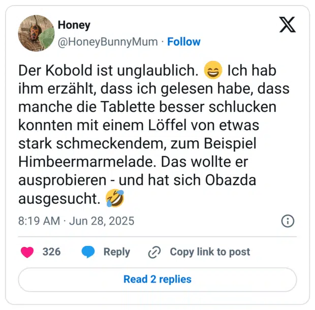 Der Kobold ist unglaublich. :lächeln: Ich hab ihm erzählt, dass ich gelesen habe, dass manche die Tablette besser schlucken konnten mit einem Löffel von etwas stark schmeckendem, zum Beispiel Himbeermarmelade. Das wollte er ausprobieren - und hat sich Obazda ausgesucht. :sich_vor_lachen_auf_dem_boden_wälzen: