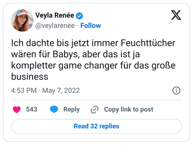 Ich dachte bis jetzt immer Feuchttücher wären für Babys, aber das ist ja kompletter game changer für das große business