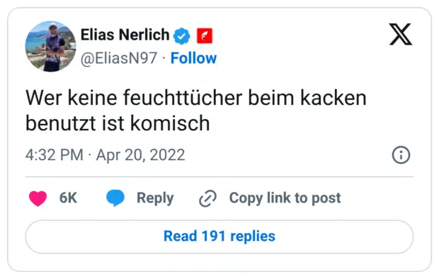 Wer keine feuchttücher beim kacken benutzt ist komisch