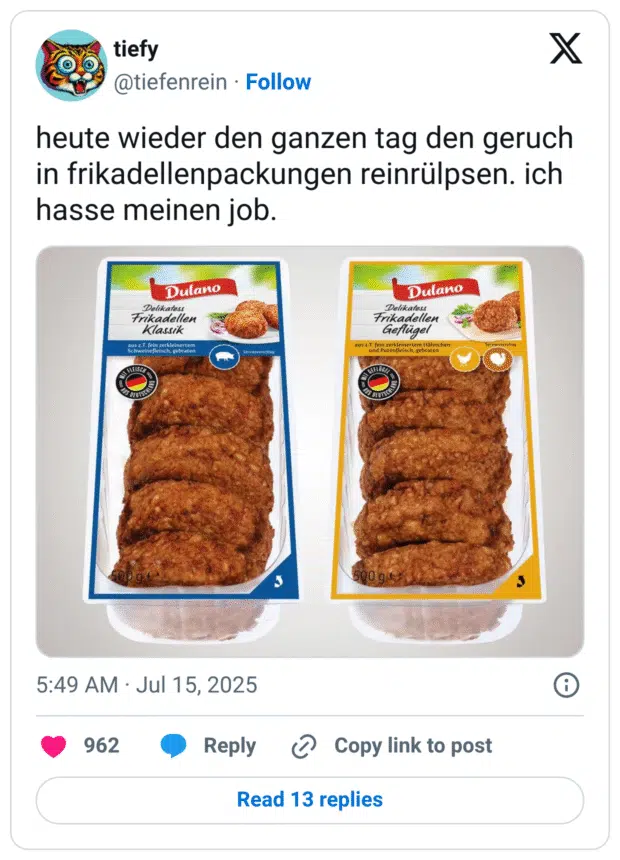heute wieder den ganzen tag den geruch in frikadellenpackungen reinrülpsen. ich hasse meinen job.