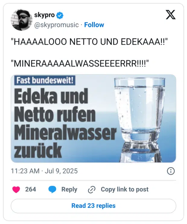 "HAAAALOOO NETTO UND EDEKAAA!!" "MINERAAAAALWASSEEEERRR!!!!" Fast bundesweit! Edeka und Netto rufen Mineralwasser zurück