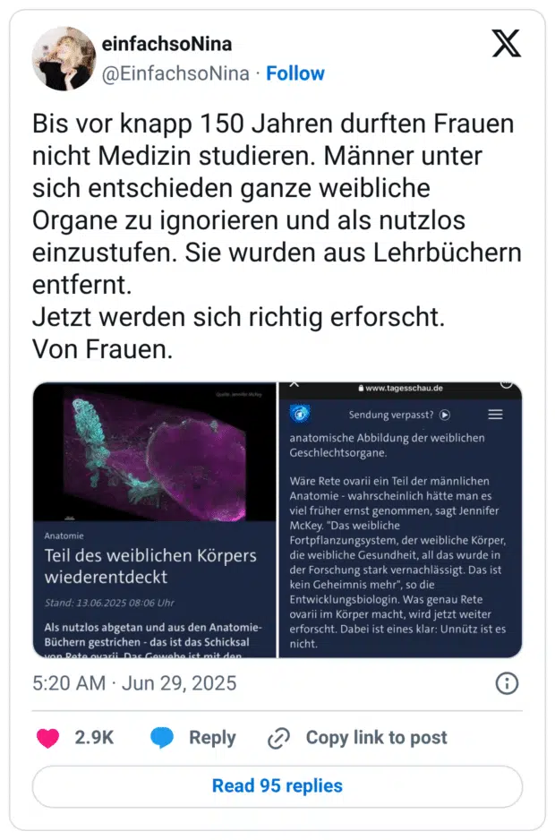 Bis vor knapp 150 Jahren durften Frauen nicht Medizin studieren. Männer unter sich entschieden ganze weibliche Organe zu ignorieren und als nutzlos einzustufen. Sie wurden aus Lehrbüchern entfernt. 
Jetzt werden sich richtig erforscht. 
Von Frauen.