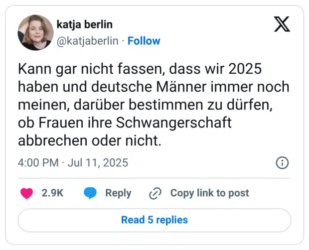 Kann gar nicht fassen, dass wir 2025 haben und deutsche Männer immer noch meinen, darüber bestimmen zu dürfen, ob Frauen ihre Schwangerschaft abbrechen oder nicht.
