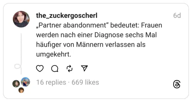 „Partner abandonment“ bedeutet: Frauen werden nach einer Diagnose sechs Mal häufiger von Männern verlassen als umgekehrt.
