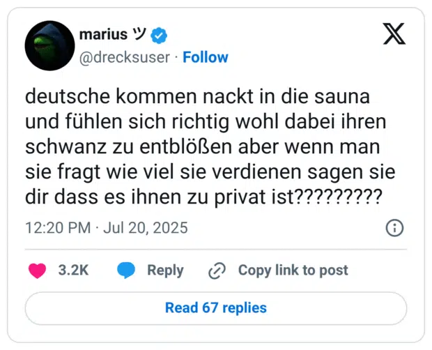 deutsche kommen nackt in die sauna und fühlen sich richtig wohl dabei ihren schwanz zu entblößen aber wenn man sie fragt wie viel sie verdienen sagen sie dir dass es ihnen zu privat ist?????????