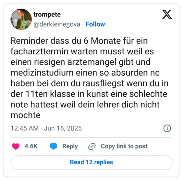 Reminder dass du 6 Monate für ein facharzttermin warten musst weil es einen riesigen ärztemangel gibt und medizinstudium einen so absurden nc haben bei dem du rausfliegst wenn du in der 11ten klasse in kunst eine schlechte note hattest weil dein lehrer dich nicht mochte
