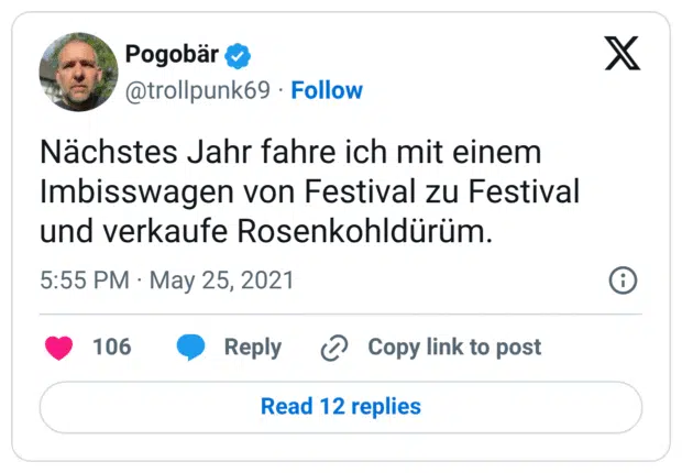 Nächstes Jahr fahre ich mit einem Imbisswagen von Festival zu Festival und verkaufe Rosenkohldürüm.
