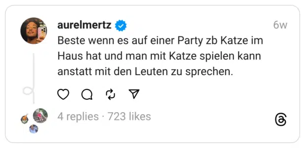 Beste wenn es auf einer Party zb Katze im Haus hat und man mit Katze spielen kann anstatt mit den Leuten zu sprechen.
