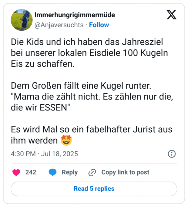 Die Kids und ich haben das Jahresziel bei unserer lokalen Eisdiele 100 Kugeln Eis zu schaffen. Dem Großen fällt eine Kugel runter. "Mama die zählt nicht. Es zählen nur die, die wir ESSEN" Es wird Mal so ein fabelhafter Jurist aus ihm werden