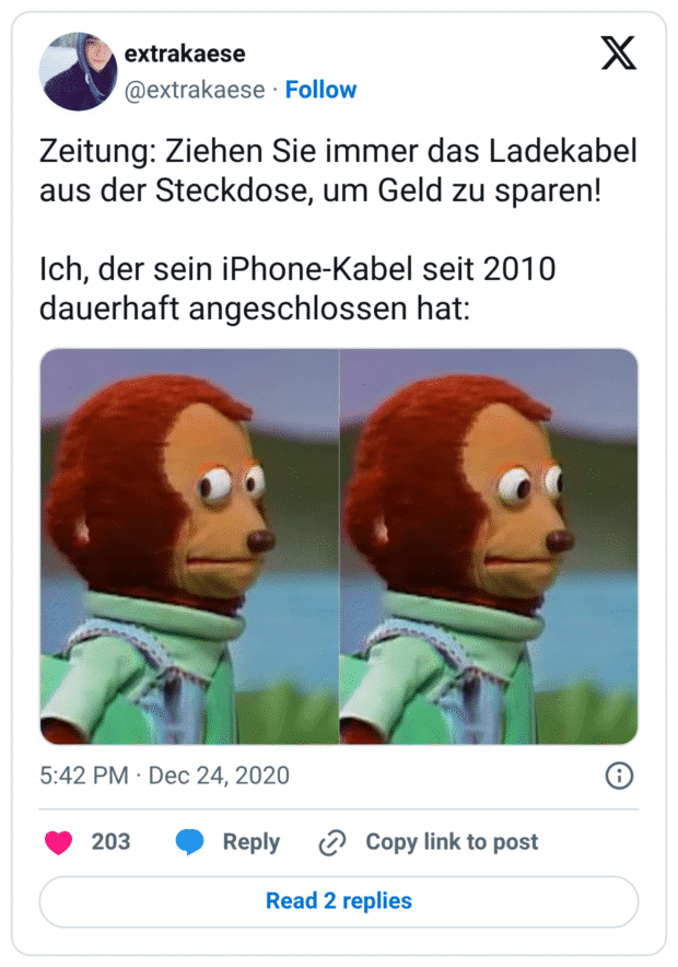 Zeitung: Ziehen Sie immer das Ladekabel aus der Steckdose, um Geld zu sparen!

Ich, der sein iPhone-Kabel seit 2010 dauerhaft angeschlossen hat: