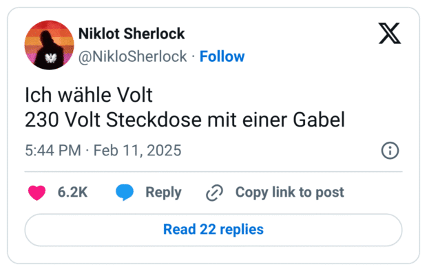 Ich wähle Volt
230 Volt Steckdose mit einer Gabel
