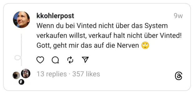 Wenn du bei Vinted nicht über das System verkaufen willst, verkauf halt nicht über Vinted! Gott, geht mir das auf die Nerven 🙄
