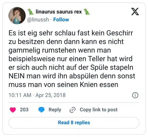 Es ist eig sehr schlau fast kein Geschirr zu besitzen denn dann kann es nicht gammelig rumstehen wenn man beispielsweise nur einen Teller hat wird er sich auch nicht auf der Spüle stapeln
NEIN man wird ihn abspülen denn sonst muss man von seinen Knien essen