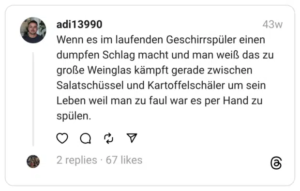 Wenn es im laufenden Geschirrspüler einen dumpfen Schlag macht und man weiß das zu große Weinglas kämpft gerade zwischen Salatschüssel und Kartoffelschäler um sein Leben weil man zu faul war es per Hand zu spülen.
