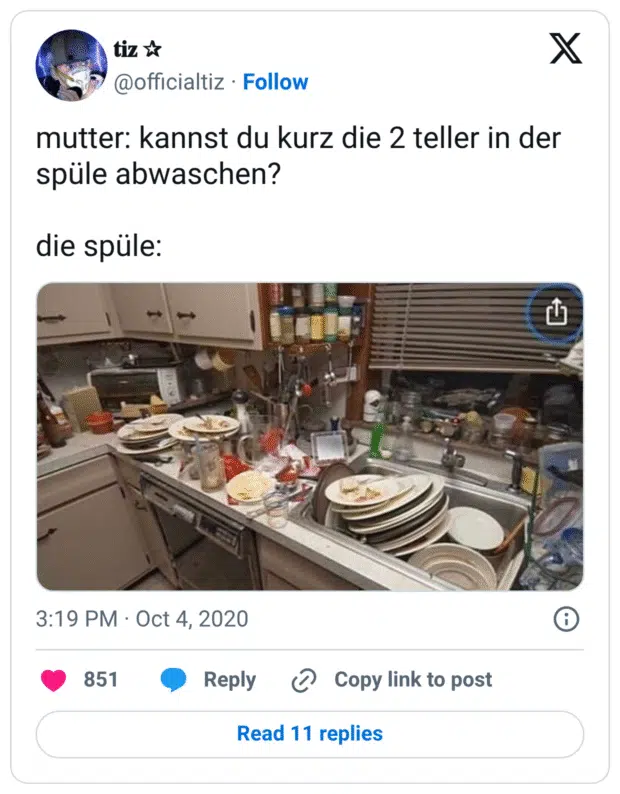 mutter: kannst du kurz die 2 teller in der spüle abwaschen?

die spüle: