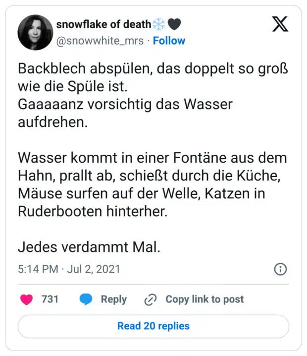 Backblech abspülen, das doppelt so groß wie die Spüle ist.
Gaaaaanz vorsichtig das Wasser aufdrehen.

Wasser kommt in einer Fontäne aus dem Hahn, prallt ab, schießt durch die Küche, Mäuse surfen auf der Welle, Katzen in Ruderbooten hinterher.

Jedes verdammt Mal.