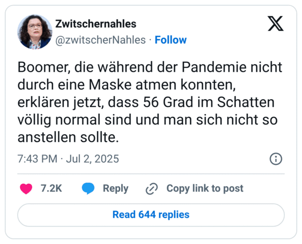 Boomer, die während der Pandemie nicht durch eine Maske atmen konnten, erklären jetzt, dass 56 Grad im Schatten völlig normal sind und man sich nicht so anstellen sollte.