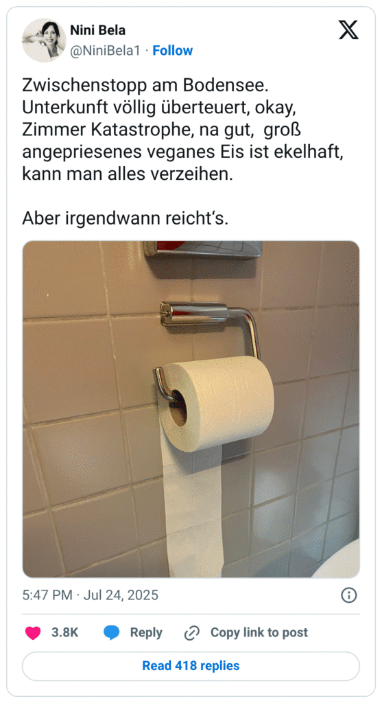Zwischenstopp am Bodensee. Unterkunft völlig überteuert, okay, Zimmer Katastrophe, na gut,  groß angepriesenes veganes Eis ist ekelhaft, kann man alles verzeihen.

Aber irgendwann reicht‘s.