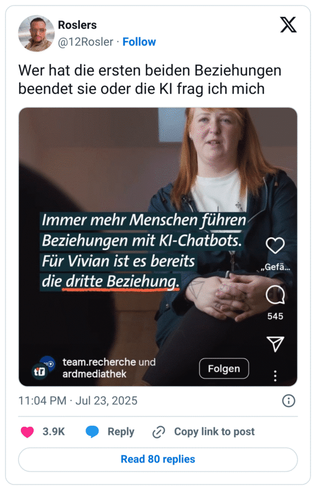 Wer hat die ersten beiden Beziehungen beendet sie oder die KI frag ich mich

