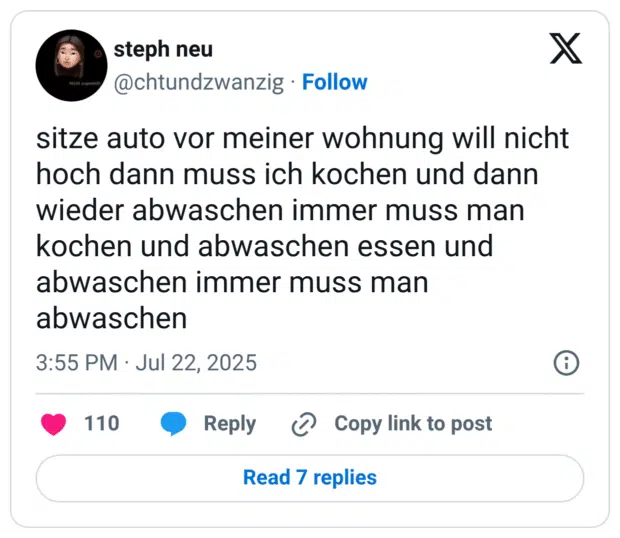sitze auto vor meiner wohnung will nicht hoch dann muss ich kochen und dann wieder abwaschen immer muss man kochen und abwaschen essen und abwaschen immer muss man abwaschen
