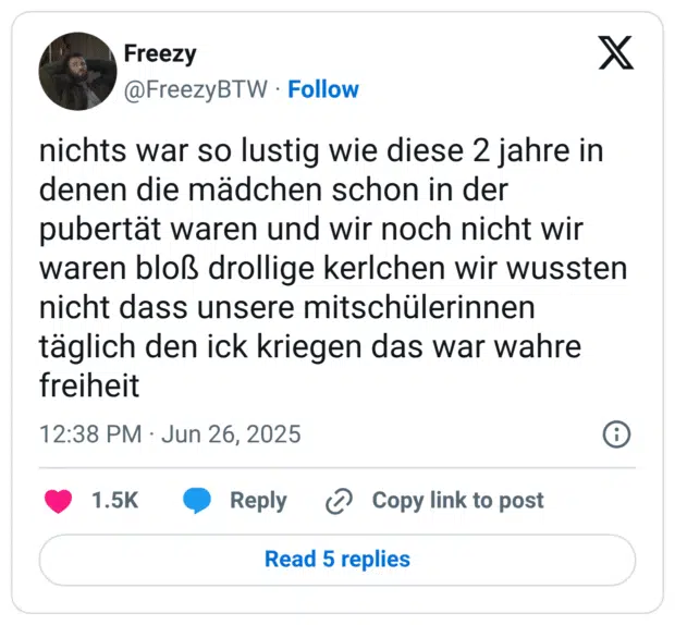 nichts war so lustig wie diese 2 jahre in denen die mädchen schon in der pubertät waren und wir noch nicht wir waren bloß drollige kerlchen wir wussten nicht dass unsere mitschülerinnen täglich den ick kriegen das war wahre freiheit