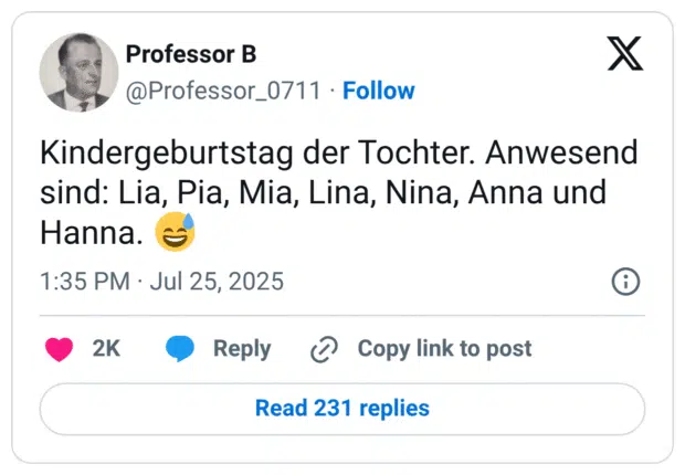 Kindergeburtstag der Tochter. Anwesend sind: Lia, Pia, Mia, Lina, Nina, Anna und Hanna. 😅