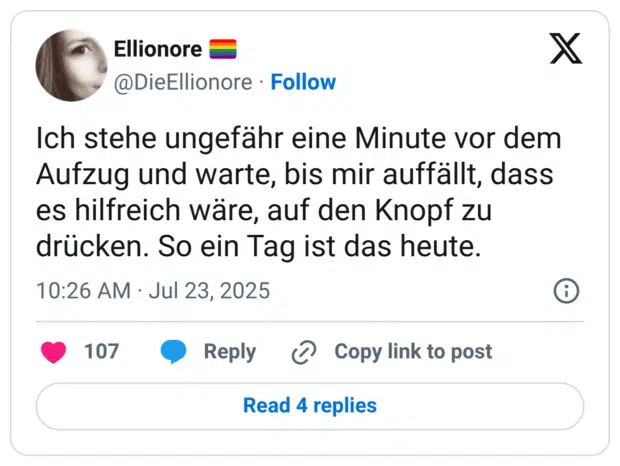 Ich stehe ungefähr eine Minute vor dem Aufzug und warte, bis mir auffällt, dass es hilfreich wäre, auf den Knopf zu drücken. So ein Tag ist das heute.
