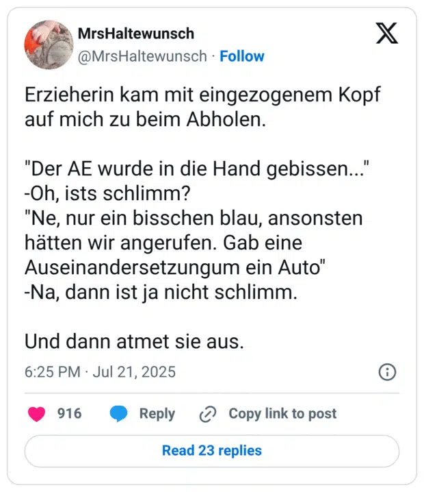 Erzieherin kam mit eingezogenem Kopf auf mich zu beim Abholen.
"Der AE wurde in die Hand gebissen..."
-Oh, ists schlimm?
"Ne, nur ein bisschen blau, ansonsten hätten wir angerufen. Gab eine Auseinandersetzungum ein Auto"
-Na, dann ist ja nicht schlimm.
Und dann atmet sie aus.