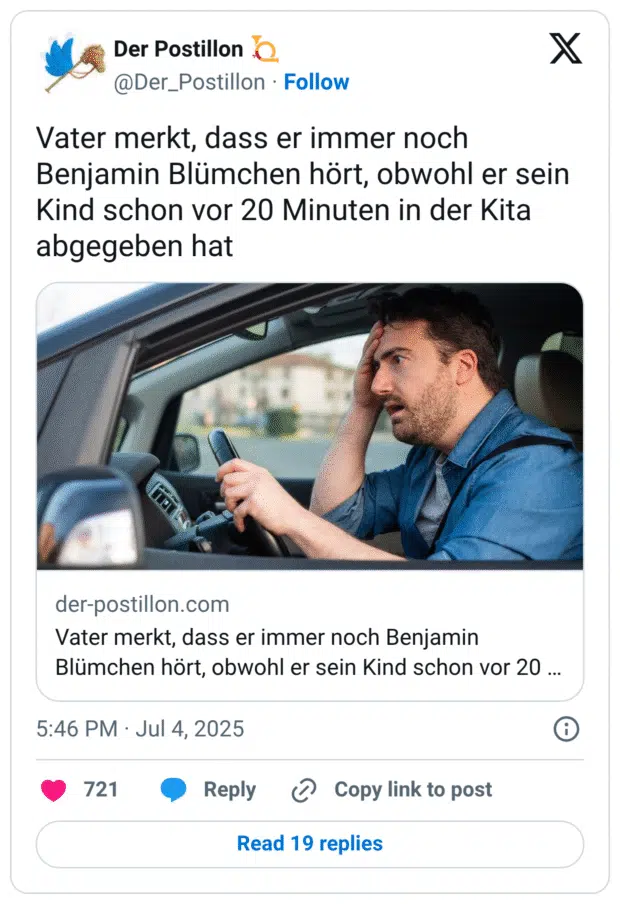 Vater merkt, dass er immer noch Benjamin Blümchen hört, obwohl er sein Kind schon vor 20 Minuten in der Kita abgegeben hat