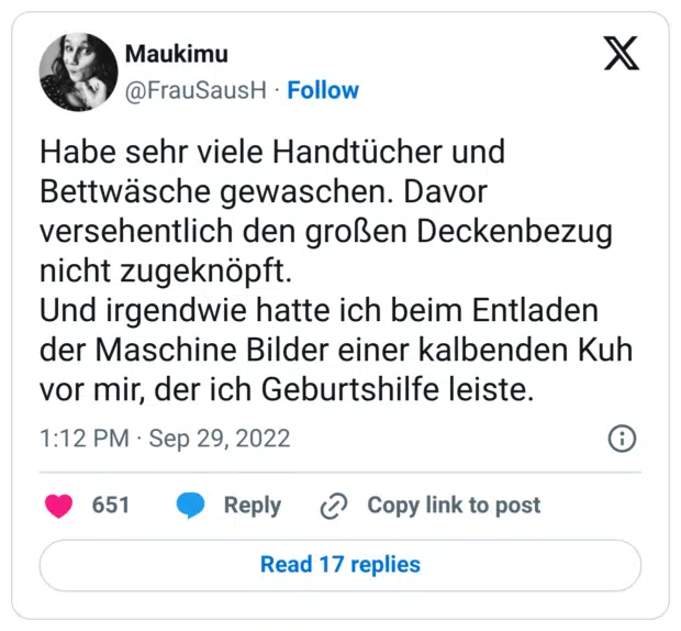 Habe sehr viele Handtücher und Bettwäsche gewaschen. Davor versehentlich den großen Deckenbezug nicht zugeknöpft. 
Und irgendwie hatte ich beim Entladen der Maschine Bilder einer kalbenden Kuh vor mir, der ich Geburtshilfe leiste.