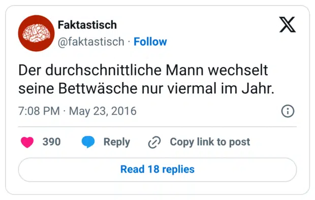 Der durchschnittliche Mann wechselt seine Bettwäsche nur viermal im Jahr.
