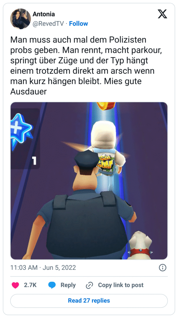 Man muss auch mal dem Polizisten probs geben. Man rennt, macht parkour, springt über Züge und der Typ hängt einem trotzdem direkt am arsch wenn man kurz hängen bleibt. Mies gute Ausdauer
