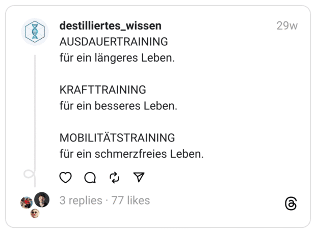 AUSDAUERTRAINING
für ein längeres Leben.
KRAFTTRAINING
für ein besseres Leben.
MOBILITÄTSTRAINING
für ein schmerzfreies Leben
