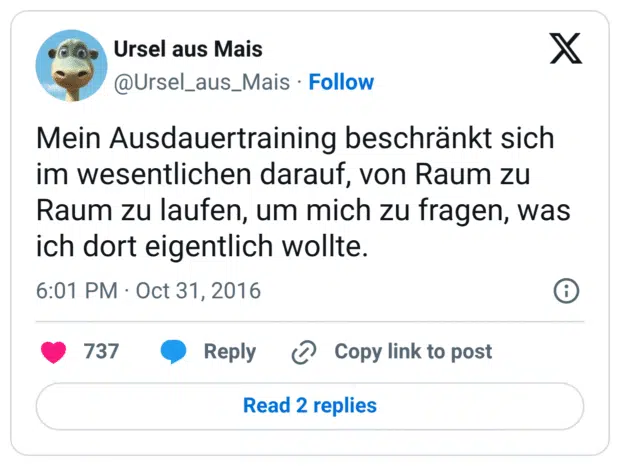 Mein Ausdauertraining beschränkt sich im wesentlichen darauf, von Raum zu Raum zu laufen, um mich zu fragen, was ich dort eigentlich wollte.
