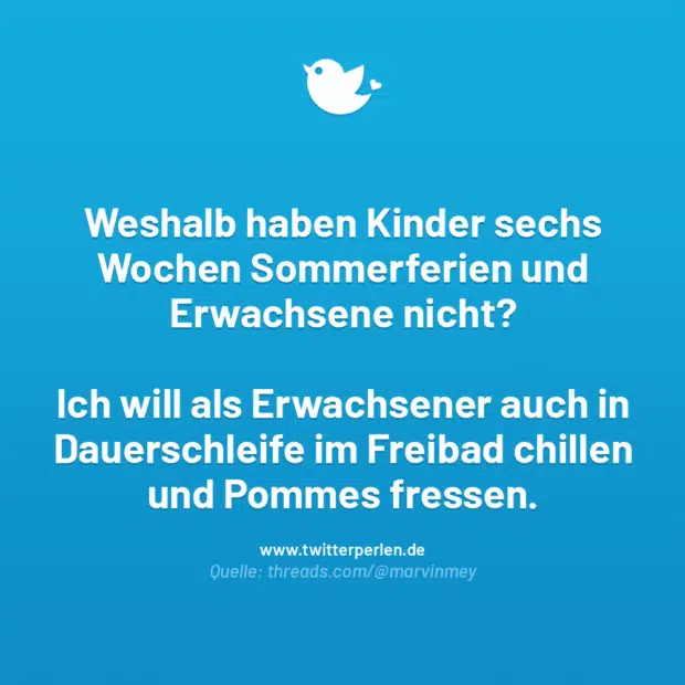 Weshalb haben Kinder sechs Wochen Sommerferien und Erwachsene nicht?
Ich will als Erwachsener auch in Dauerschleife im Freibad chillen und Pommes fressen.