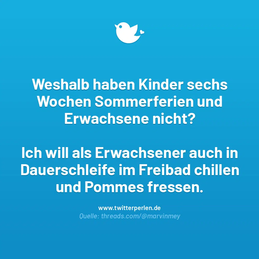 Weshalb haben Kinder sechs Wochen Sommerferien und Erwachsene nicht?
Ich will als Erwachsener auch in Dauerschleife im Freibad chillen und Pommes fressen.