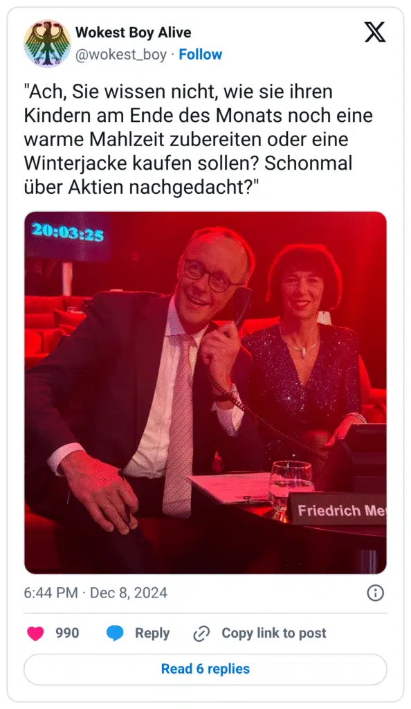 "Ach, Sie wissen nicht, wie sie ihren Kindern am Ende des Monats noch eine warme Mahlzeit zubereiten oder eine Winterjacke kaufen sollen? Schonmal über Aktien nachgedacht?"
