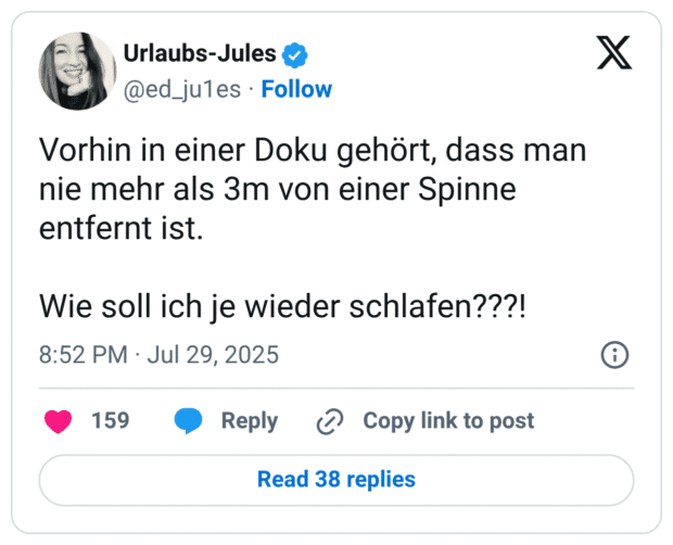 Vorhin in einer Doku gehört, dass man nie mehr als 3m von einer Spinne entfernt ist. Wie soll ich je wieder schlafen??