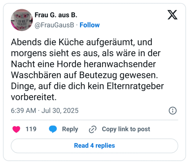 Abends die Küche aufgeräumt, und morgens sieht es aus, als wäre in der Nacht eine Horde heranwachsender Waschbären auf Beutezug gewesen.
Dinge, auf die dich kein Elternratgeber vorbereitet.