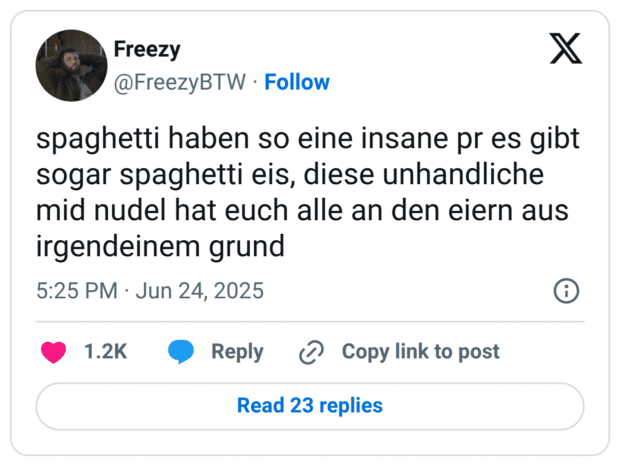 spaghetti haben so eine insane pr es gibt sogar spaghetti eis, diese unhandliche mid nudel hat euch alle an den eiern aus irgendeinem grund
