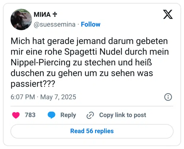 Mich hat gerade jemand darum gebeten mir eine rohe Spagetti Nudel durch mein Nippel-Piercing zu stechen und heiß duschen zu gehen um zu sehen was passiert???
