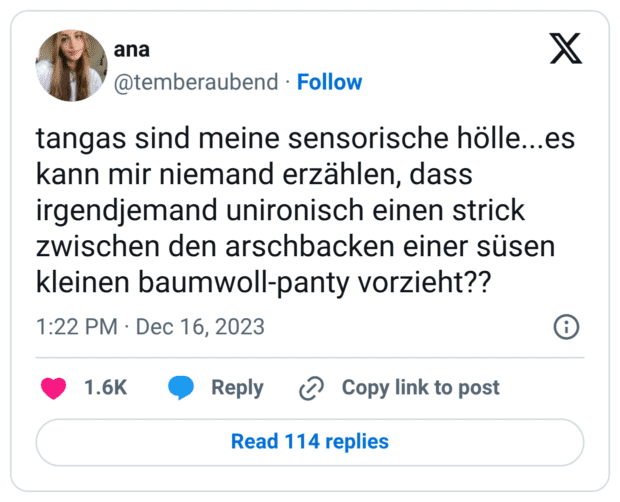 tangas sind meine sensorische hölle...es kann mir niemand erzählen, dass irgendjemand unironisch einen strick zwischen den arschbacken einer süsen kleinen baumwoll-panty vorzieht??
