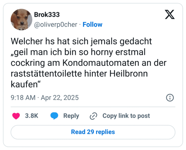 Welcher hs hat sich jemals gedacht 
„geil man ich bin so horny erstmal cockring am Kondomautomaten an der raststättentoilette hinter Heilbronn kaufen“