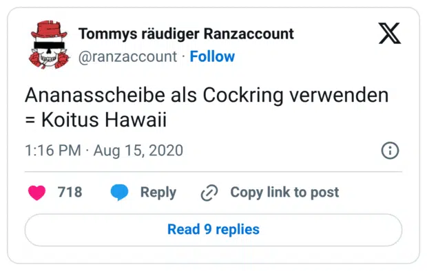 Ananasscheibe als Cockring verwenden = Koitus Hawaii
