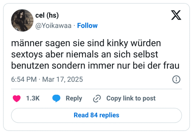 männer sagen sie sind kinky würden sextoys aber niemals an sich selbst benutzen sondern immer nur bei der frau
