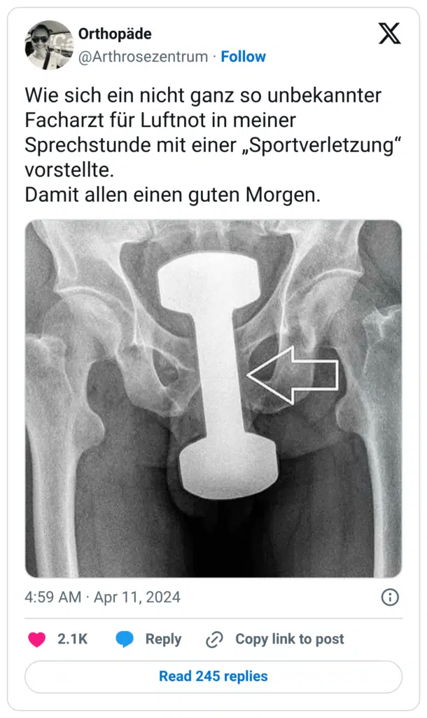 Wie sich ein nicht ganz so unbekannter Facharzt für Luftnot in meiner Sprechstunde mit einer „Sportverletzung“ vorstellte.
Damit allen einen guten Morgen.