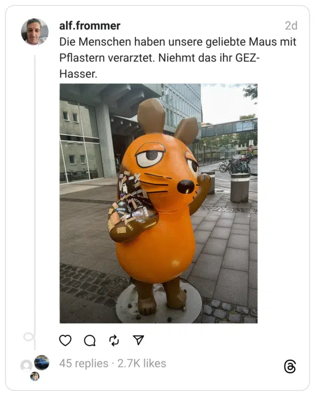 Die Menschen haben unsere geliebte Maus mit Pflastern verarztet. Niehmt das ihr GEZ-Hasser.