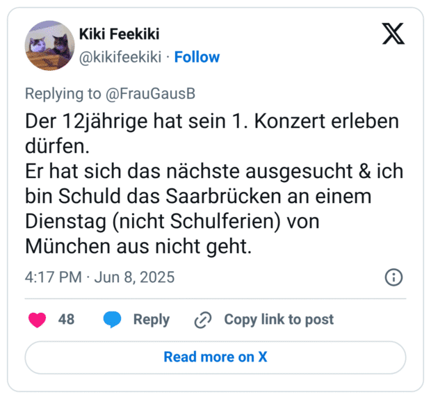Der 12jährige hat sein 1. Konzert erleben dürfen. Er hat sich das nächste ausgesucht & ich bin Schuld das Saarbrücken an einem Dienstag (nicht Schulferien) von München aus nicht geht.