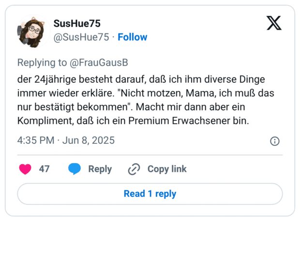 der 24jährige besteht darauf, daß ich ihm diverse Dinge immer wieder erkläre. "Nicht motzen, Mama, ich muß das nur bestätigt bekommen". Macht mir dann aber ein Kompliment, daß ich ein Premium Erwachsener bin